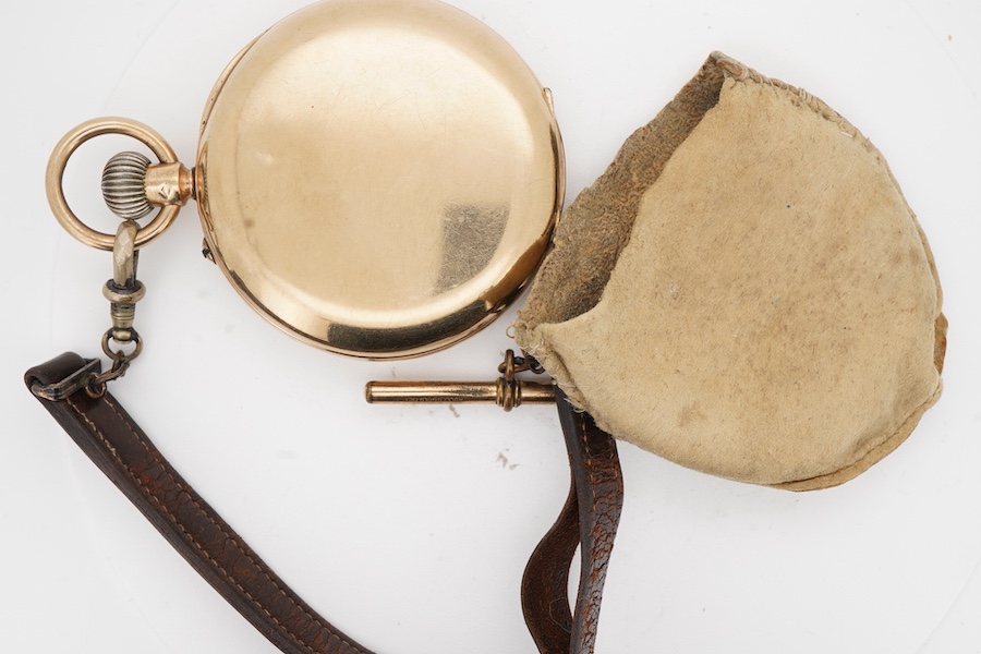 A George V 9ct gold hunter keyless lever pocket watch, by Russells Ltd of Liverpool, with Roman dial and subsidiary seconds, case diameter 48mm, gross weight 89 grams, with a leather suspension strap with rolled gold T-b